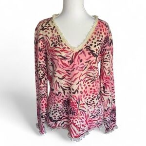Sutton Cashmere Pink Animal Print V‎ Neck Womens Sweater Size M